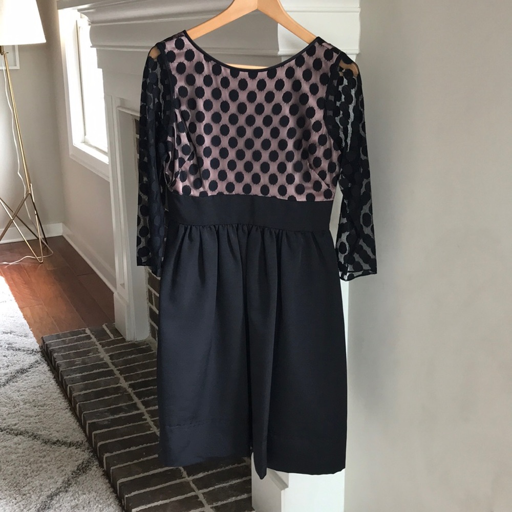 Black, dot mesh, bodice fit & flare, dress.